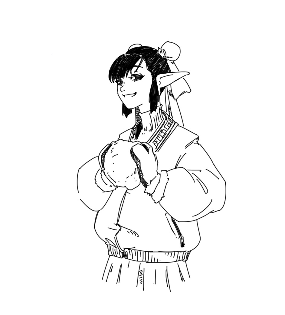 a black and white line art illustration of a young animestyle elf girl. she has long black hair tied up with a bow, pointed ears, and is wearing a lightcolored jacket and mittens. she's smiling and holding a snowball in her mittens. the style is reminiscent of manga or anime artwork, with bold lines and expressive features. the image is a sketch or drawing, rather than a digitally rendered image.