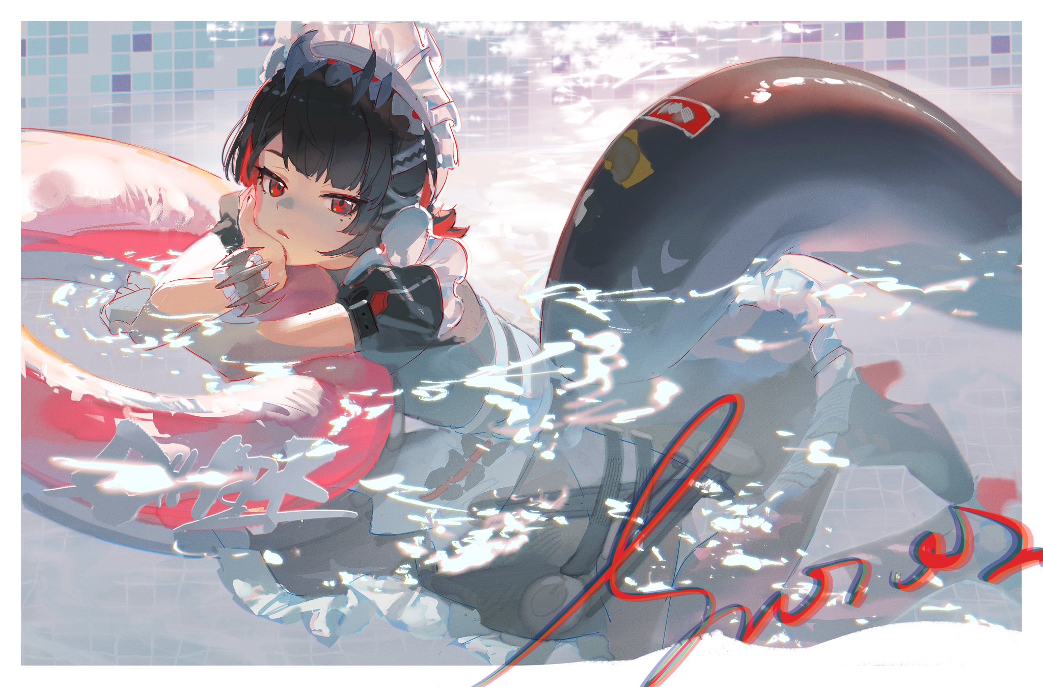 the image depicts a young anime girl with black hair, red eyes, small horns, and a black tail, enjoying a relaxing moment in a swimming pool. she wears a black and white maidstyle swimsuit and rests her arms on a red inflatable ring, partially submerged in the water. the pool setting is indicated by blue tiles and sparkling water reflecting the bright sunlight. the overall style is soft and whimsical, typical of anime illustrations.