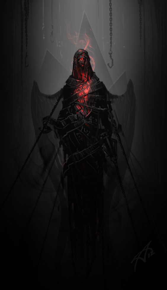 the artwork depicts a skeletal figure draped in dark, tattered robes, bound by thick chains within a shadowy void. a faint red glow emanates from its chest and the chains, hinting at a sinister power. the figure appears to be standing within or before a thronelike structure, suggesting a position of power despite its captivity. the overall atmosphere is one of darkness, mystery, and perhaps even torment.