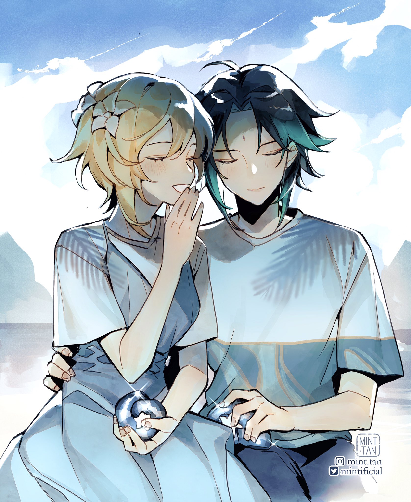 the image showcases two anime characters, a male and a female, standing close to each other on what appears to be a beach. both are dressed in casual beachwear with a blue and white color scheme. the female has her blonde hair tied back and a soft smile on her face, her eyes closed as if whispering a secret. she holds a small, shiny object in her hands. the male with his green hair has his eyes open and is looking toward her, one hand lightly resting on her shoulder. he wears a blue and white shirt with a tropical print. the background is a soft blue with white clouds,  giving the impression of a sunny summer day. the overall scene is sweet and romantic, suggesting a moment of closeness and intimacy between the two characters.
