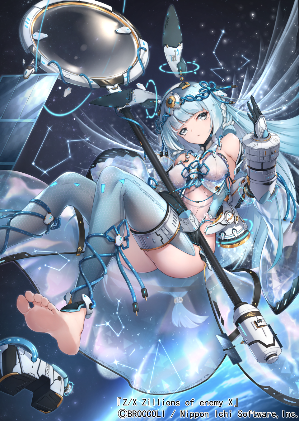an anime character with long, light blue hair, sitting with one bare foot, in a science fiction space setting with stars, holding a staff. the character is associated with the game "z/x zillions of enemy x".