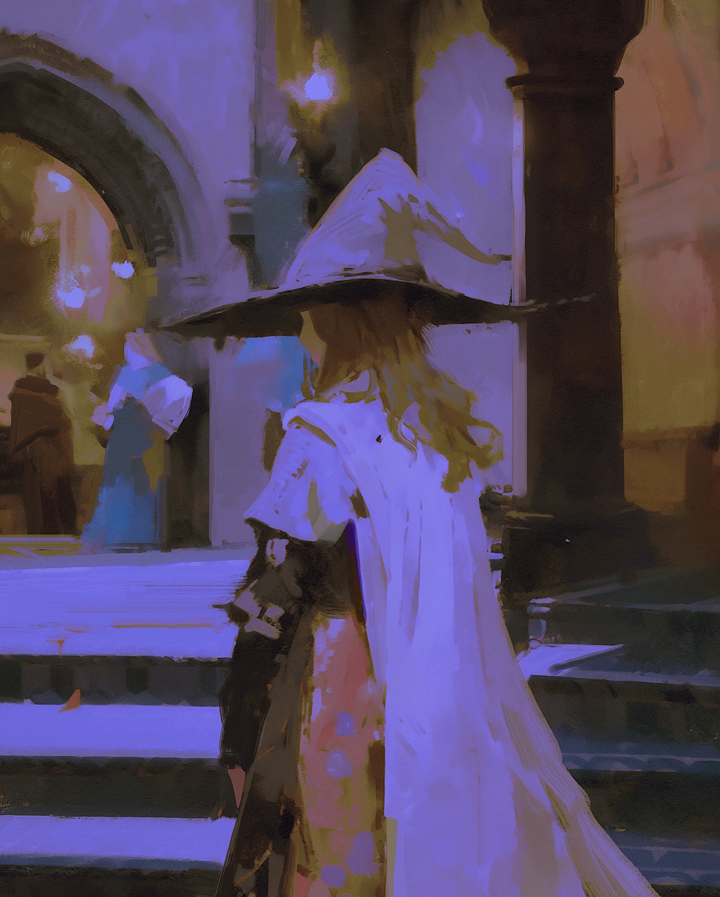 a woman wearing a large hat and a purple cloak stands in a dimly lit building.  she is facing away from the viewer, but there is a glimpse of her face in the painting.  there is another figure in the background, but they are not in focus.  the painting has a soft, dreamy feel, and the colors are muted and muted.