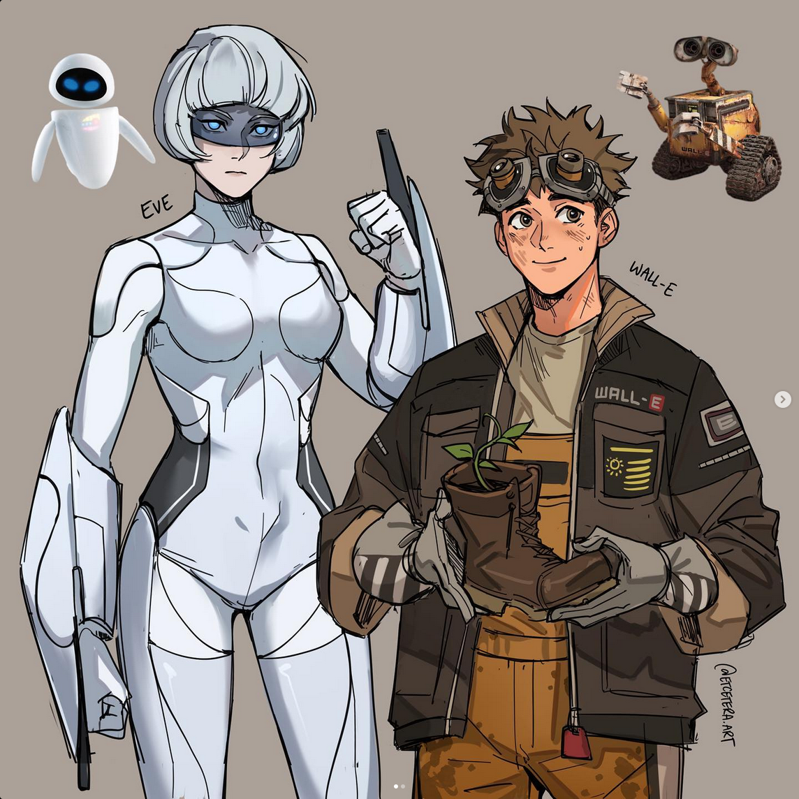 a stylized illustration in a cool gray palette, likely fan art, depicts humanized versions of the robots walle and eve from the pixar film walle. eve is on the left, her sleek white robotic form translated into a fitted bodysuit. her signature blue eye is represented as an eye patch. walle is on the right, wearing mechanic's coveralls and goggles, holding the plant and boot that were central to the film's plot. behind each figure is a simple sketch of their original robotic design.