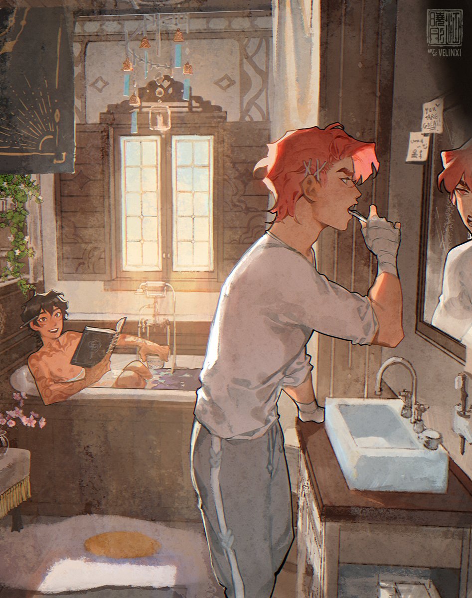 an illustration depicting a bathroom scene with two men. one man, with red hair and a bandage on his hand, is brushing his teeth at a sink. his reflection can be seen in the mirror. the other man, with dark hair, is relaxing in a bathtub reading a book. sunlight streams through the window, creating a cozy and domestic atmosphere. plants and flowers add to the aesthetic.