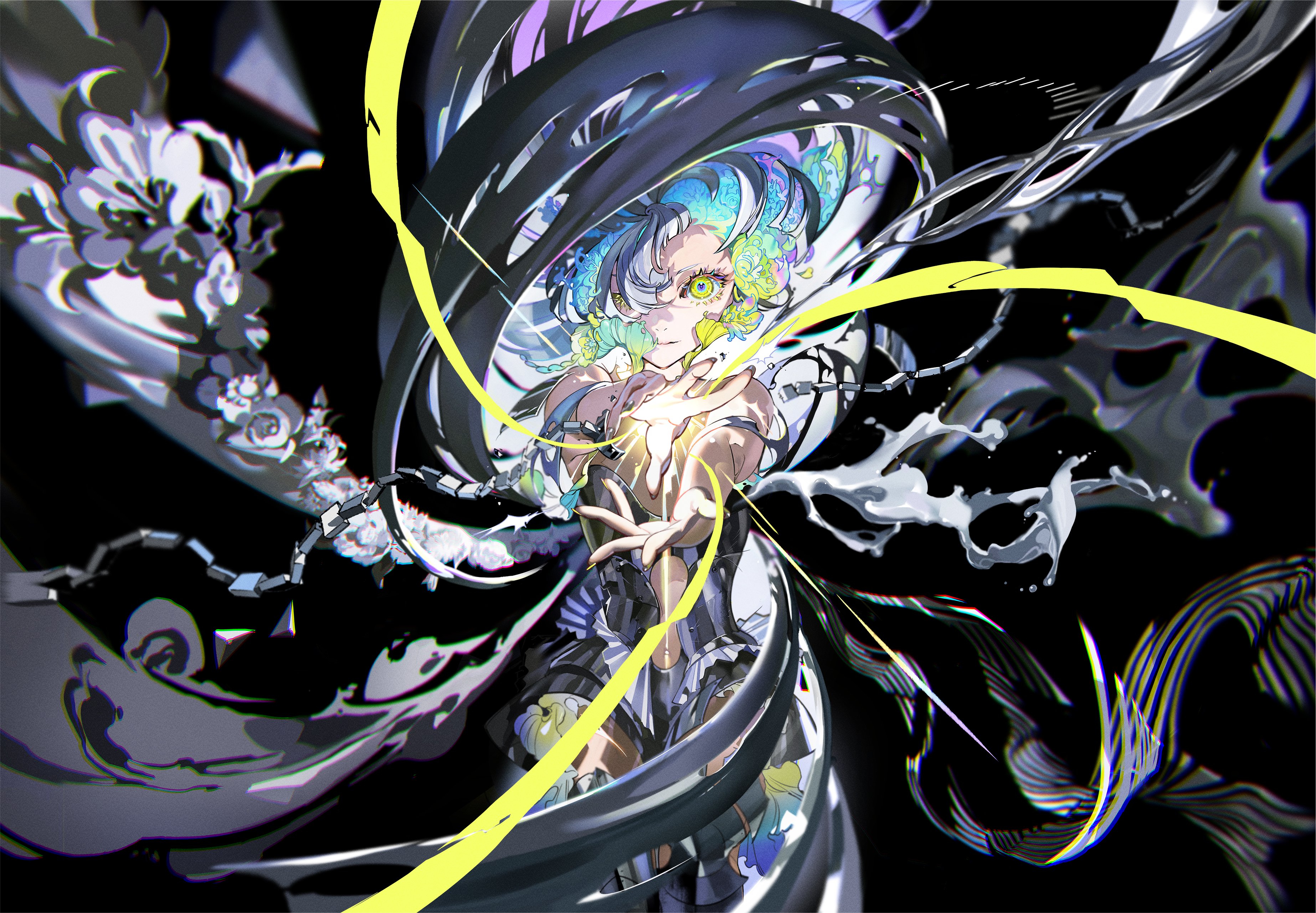 the image showcases a stylized anime girl with vibrant teal hair and yellow eyes at its center. she is surrounded by swirling, abstract shapes and lines in black, white, and yellow. the perspective is distorted, creating a sense of motion and energy. the girl's outstretched hand suggests she might be controlling or interacting with the surrounding abstract elements.  the overall aesthetic blends elements of fantasy and abstract art, resulting in a visually striking composition.