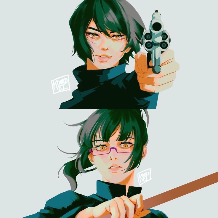 the image is a digital illustration featuring two closeup portraits of a young woman with dark green hair.  the style is animeinspired, characterized by stylized features and vibrant colors. the top image depicts the woman aiming a revolver directly at the viewer. the bottom image shows the same woman, but this time she's wearing glasses and appears to be holding a long, brown staff or stick. both images share a similar color palette, using shades of teal and green. the artist's signature "kooko nel" is visible in both portraits. the overall impression is one of strong, cool determination. the two images are arranged vertically, creating a split image effect.