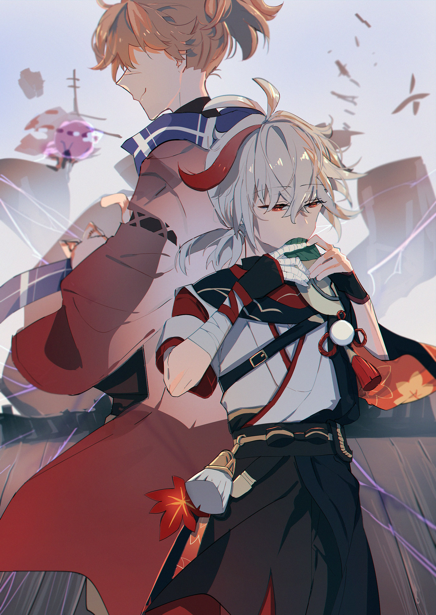this is a digital illustration of two young anime characters, a male and a female, standing sidebyside in a japaneseinspired setting. the female character is wearing a red kimono and has long, brown hair tied up in a ponytail. she is looking off to the side with a slight smile on her face. the male character is wearing a white and black outfit with a red sash and has long, white hair tied up with a red ribbon. he is looking down and appears to be eating something. both characters are holding weapons.  the background of the illustration is a blurry city scene with a tall building in the background, a sky with clouds, and purple streaks of light emanating from the building. the characters are in the foreground and are the main focus of the illustration. the illustration is drawn in a vibrant and colorful style with soft shading and lighting.