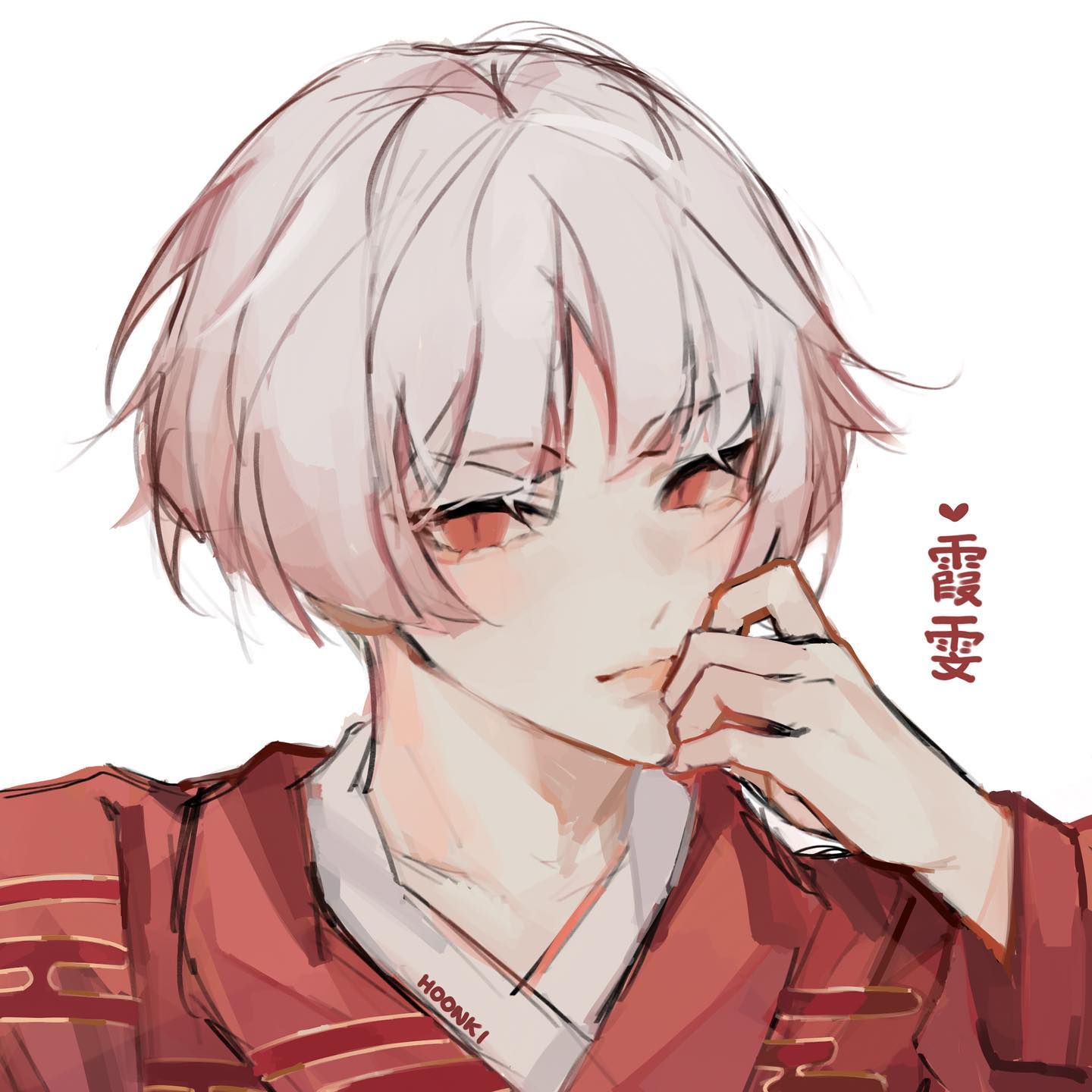 the image is a digital painting or illustration in an anime/manga style depicting a young man with short, pale white hair and striking red eyes. he is wearing a red kimono or similar traditional asianinspired garment with gold detailing. his expression is pensive and gentle, with his hand resting near his chin. the art style is loose and soft, with a focus on soft shading and a slightly blurry effect giving it a dreamy feel. there's a small artist signature ("hoonki") visible on his garment and chinese characters written near his shoulder.  the overall mood is serene and slightly melancholic.