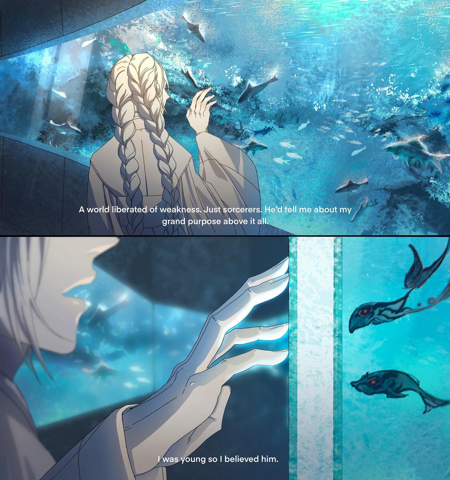 an anime scene shows a man in a white robe looking out into a watery world of fish and seaweed. in the second panel, the man's hand, glowing with energy, reaches out to touch the water. the text bubbles are in japanese, and the panel text tells us about a world freed from weakness by sorcerers. the man was told of his "grand purpose," and because he was young, he believed it.