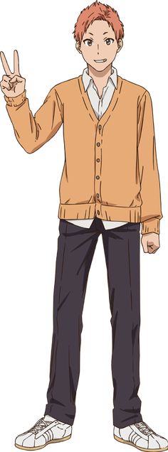 a young man with short reddish hair and brown eyes strikes a peace sign pose with his right hand. he is wearing a white collared shirt under an orange cardigan, paired with dark gray pants and white sneakers. he is smiling at the viewer. content: 1 person, smiling, standing people: young man environment: n/a lighting: bright, front lighting perspective: eye level kw: anime, male, portrait, peace sign, casual, school uniform