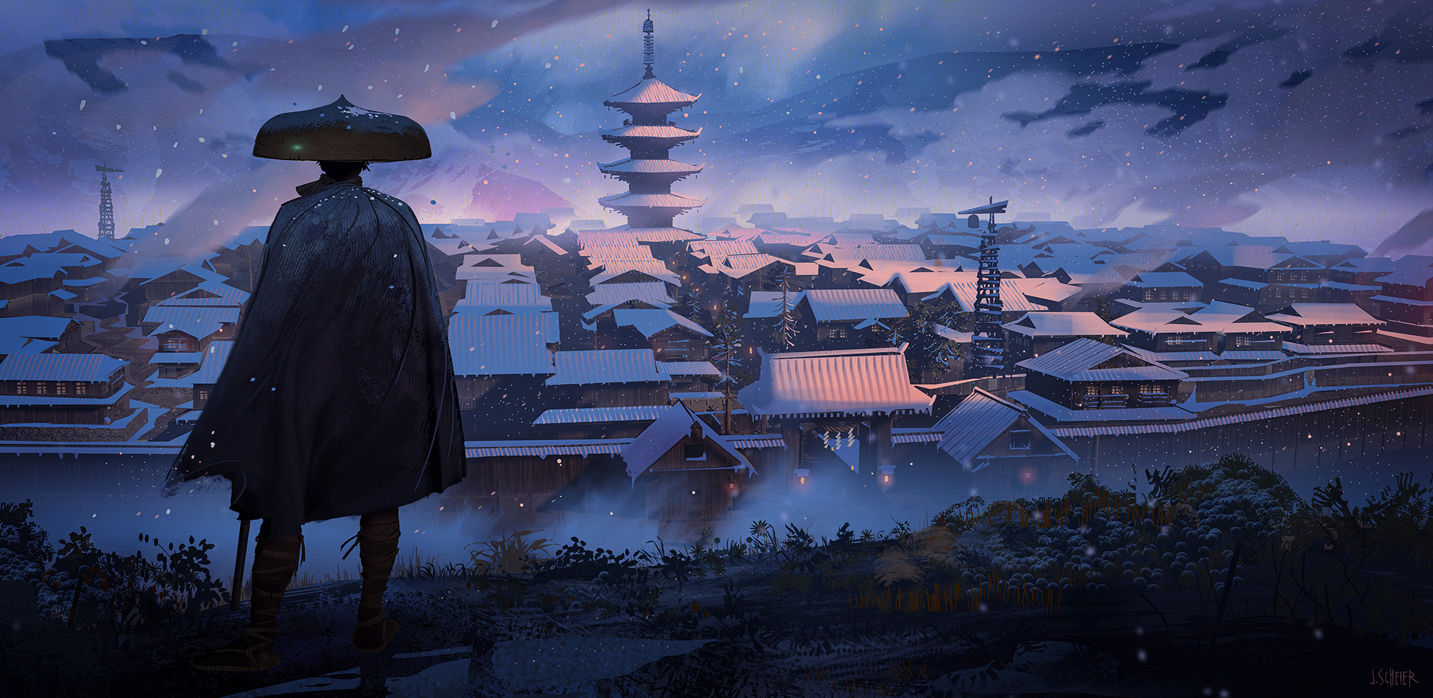 the digital painting showcases a lone figure, possibly a samurai or ronin, clad in a dark cloak and traditional japanese hat, standing atop a hill overlooking a snowcovered japanese village.  the village is nestled in a valley, featuring numerous traditional houses with steeply pitched roofs blanketed in snow. a prominent pagoda or temple stands tall in the center of the village, illuminated by a soft, warm light that contrasts with the cool tones of the twilight sky. light snowfall adds to the serene and peaceful atmosphere. the overall style is evocative of japanese art and fantasy. the scene suggests a sense of solitude and quiet contemplation.
