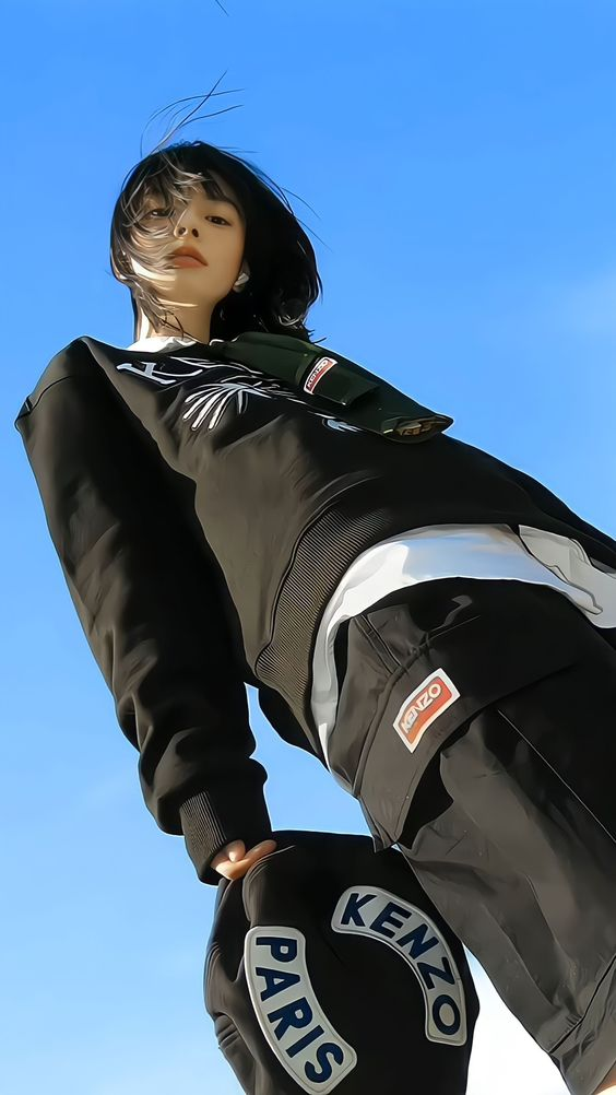 a young woman in stylish black kenzo attire stands confidently against a vibrant blue sky. the lowangle perspective emphasizes her powerful presence, showcasing her black sweatshirt, shorts, and a matching kenzo cap. the bright sunlight illuminates her, highlighting the intricate details of her clothing. the image exudes a sense of youthful energy and modern fashion.