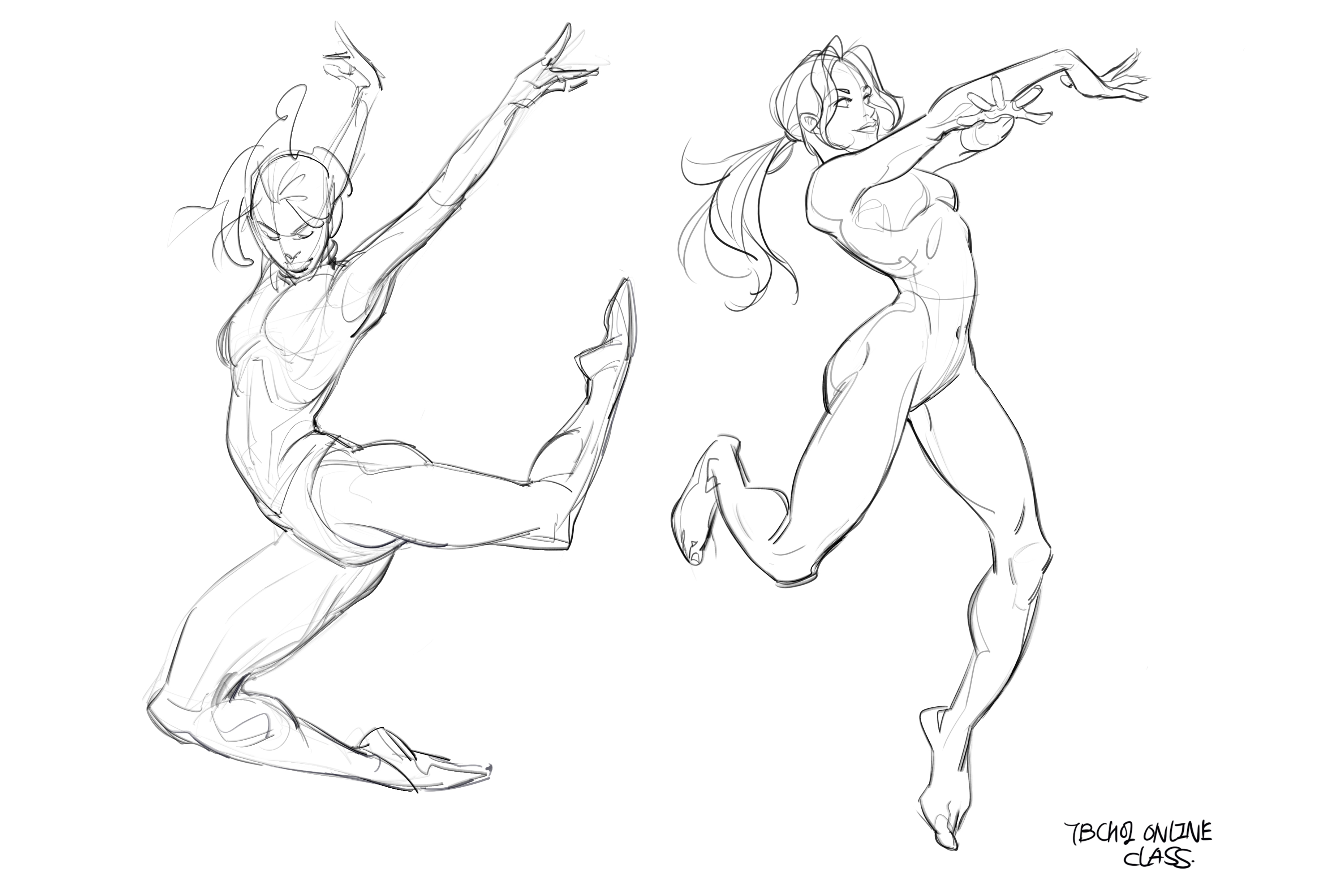 he image contains two dynamic sketches of female figures in action poses.  both figures are drawn in a loose, expressive style with emphasis on capturing movement and gesture.  the lines are fluid and suggestive, rather than precisely detailed. one figure appears to be in a ballet or gymnastics pose, while the other is in a more athletic, possibly leaping, pose.  the sketches showcase an understanding of human anatomy and the artist's ability to convey movement through line. the bottom right corner includes a small signature indicating "tbcho online class," suggesting the drawings are from an online art course.
