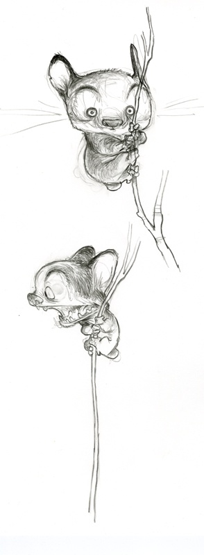 two sketch drawings of stitch from disney's lilo & stitch clinging to a stick or branch.