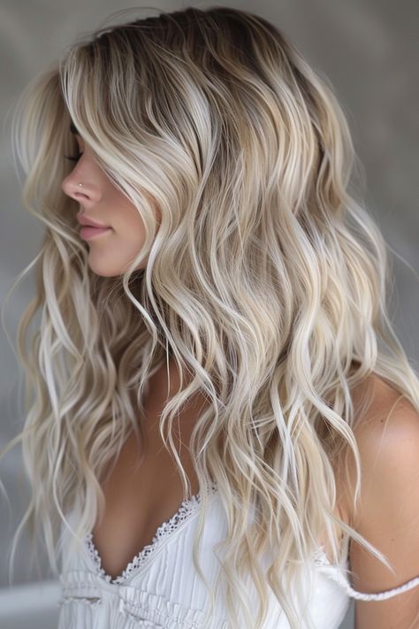a woman with long, wavy blonde hair styled in loose beach waves. she is wearing a white lace top and is looking to the side. the image has a soft, ethereal quality, with natural lighting enhancing the beauty of her hair.