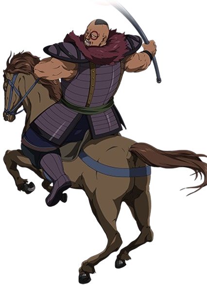 an anime character, a male samurai warrior with a sword riding a brown horse, is attacking someone. the samurai is dressed in purple armor with a red fur collar. the horse is brown with blue saddle. the background is white. the drawing style is anime and digital.