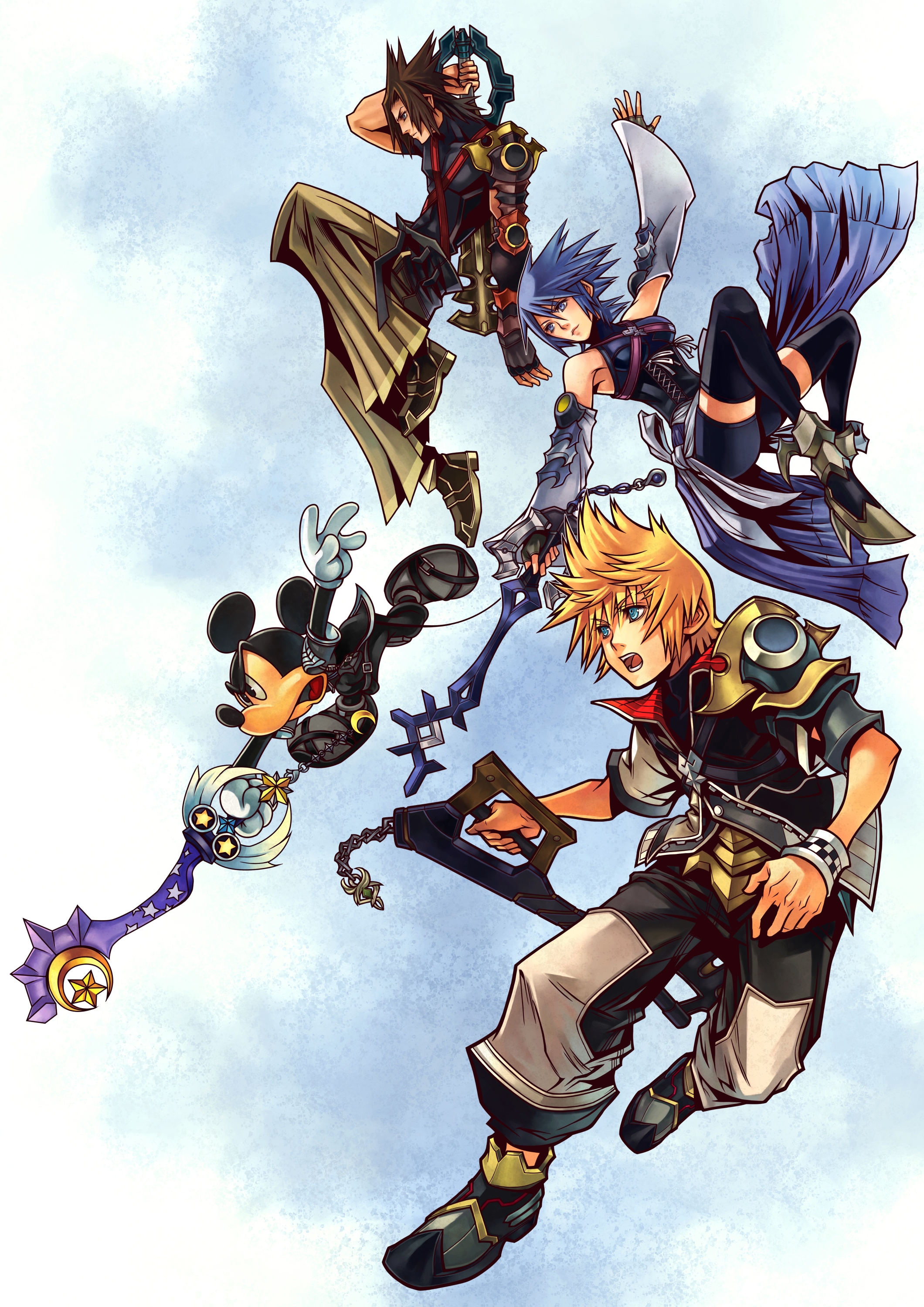 the image showcases four characters from the "kingdom hearts" video game series against a backdrop of a cloudy sky. at the bottom is sora, the series' main protagonist, wielding his iconic keyblade. above him slightly to the left is king mickey mouse, leaping into action with his keyblade at the ready. to the right, higher up, is riku, another key protagonist, with his distinctive blindfold and soul eater weapon. at the top, striking a dynamic pose, is terra, a protagonist from "kingdom hearts birth by sleep," wielding his keyblade.