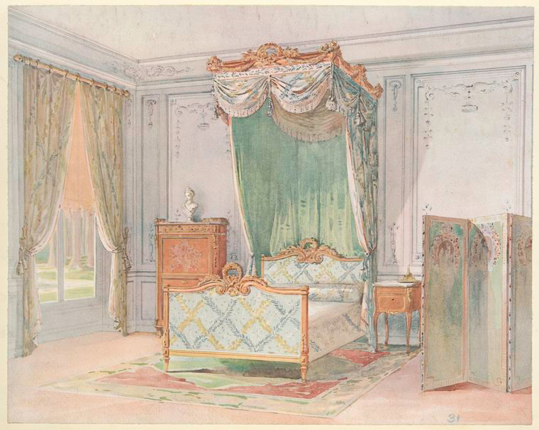 an interior watercolor painting of a bedroom featuring a canopy bed with green fabric, a patterned rug, a decorative screen, a wooden chest, a small nightstand, and a window with floral curtains. the room is decorated with light blue and white paneling and ornate details.