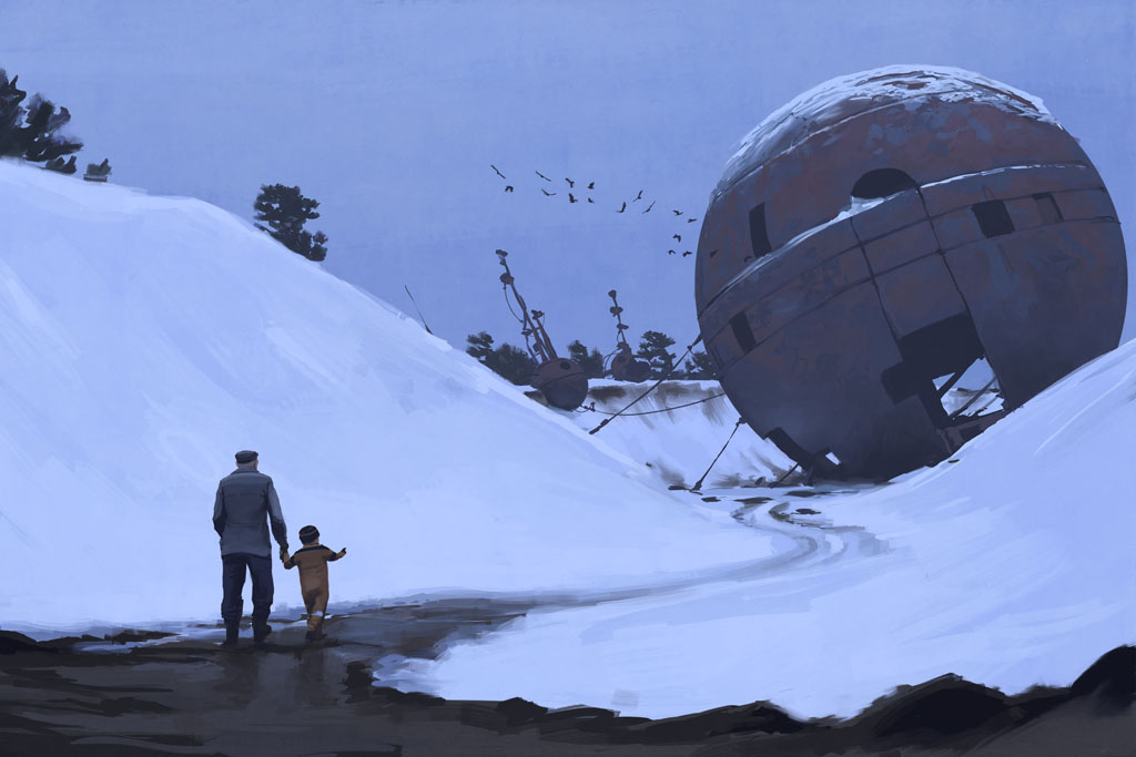 a father and son walk through a snowy, mountainous landscape. they are walking toward a large, spherical object in the distance that appears to be crashed in the snow.  there are a few smaller spherical objects in the snow around the larger one as well.  the snow is covering the ground and the mountains in the background, and the sky is grey and cloudy. the father is wearing a grey jacket and hat, and the son is wearing a bright orange jacket.