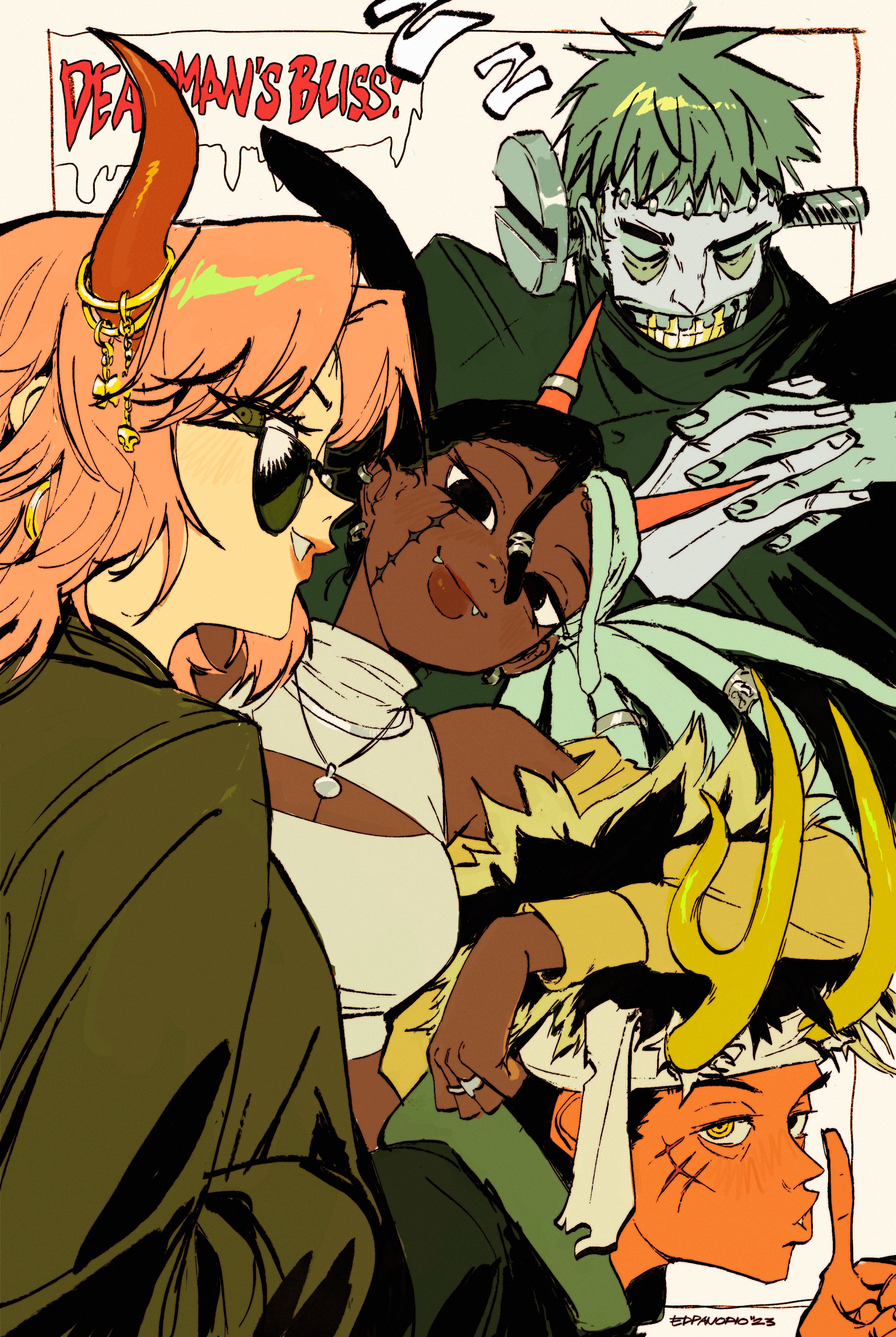 the image is a vibrant and stylized illustration in the style of manga or anime. it depicts a group of diverse characters, each with unique and striking features. some have monstrous or demonic elements, like horns and stitches.  they are dressed in a mix of styles, from punkinspired clothing to more traditional attire.  the background includes a comic bookstyle panel that reads "deadman's bliss," setting a tone of dark fantasy or horror. the overall aesthetic is bold and edgy, with strong lines and saturated colors. the characters appear to be interacting, suggesting a narrative or story.