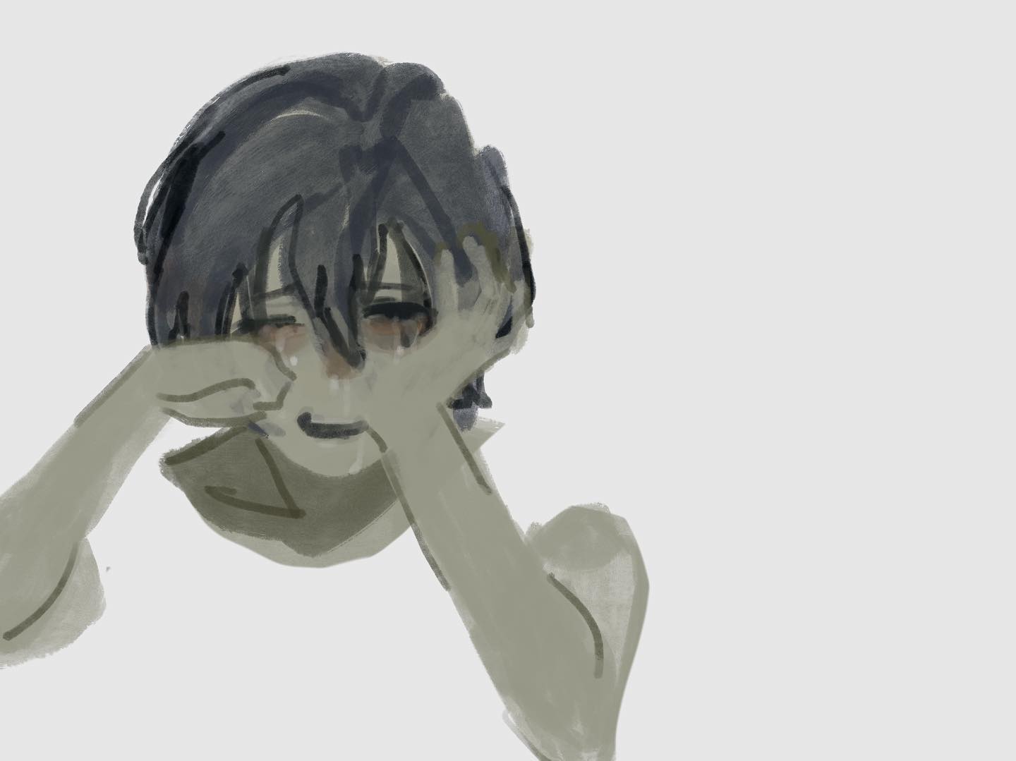 the image is a digital illustration of a young man with short, dark hair crying. the style is reminiscent of anime or manga. his eyes are closed, and his hands cover his face as if he is trying to hide his tears. the overall palette is muted and evokes sadness. the brushstrokes are loose and expressive, contributing to the emotional intensity of the artwork.