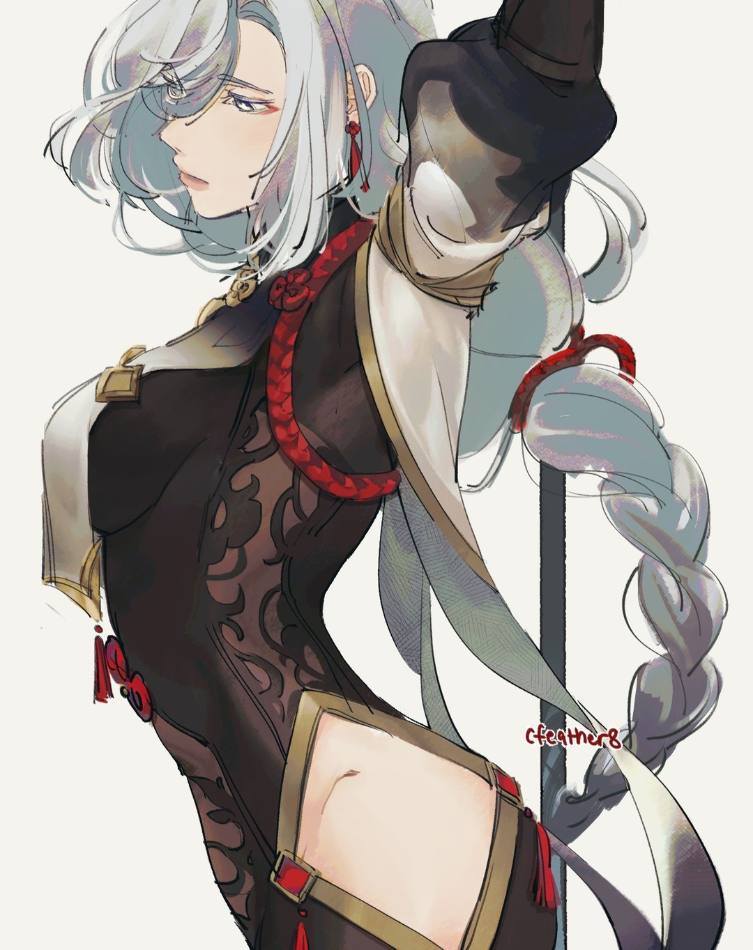 the image is a digital fanart depicting a stylized animestyle woman with long, silvergrey hair partially braided.  she's wearing a darkcolored, intricately designed outfit reminiscent of traditional chinese clothing, possibly a qipao or cheongsam, accented with gold and red detailing. the clothing is very detailed, showing textures and folds. she is positioned in a graceful, slightly suggestive pose, with one arm raised. her expression is serious and somewhat melancholic. the artist's signature, "cfeather8," is subtly included in the image. the overall style is elegant and sophisticated with a blend of realism and anime aesthetics.  the background is plain white, focusing attention entirely on the character.