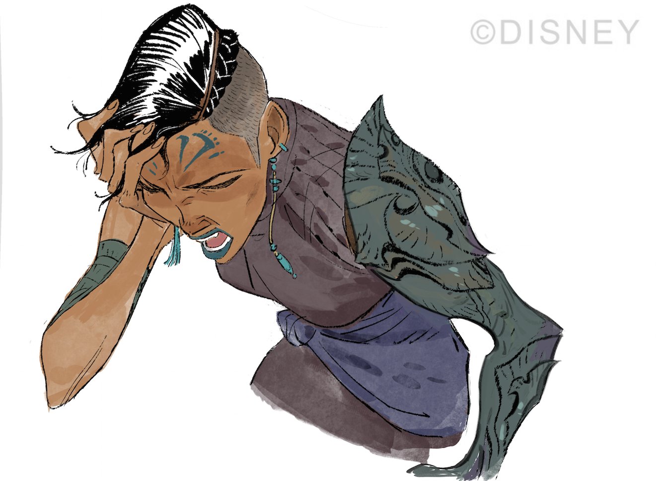 a digital illustration of a female warrior character in a fantasy setting. she is shown in a closeup, halfbody portrait. the character has blue and black hair, tattoos on her face and neck, and a green, armored left arm. she has a fierce and angry expression on her face and is holding her right hand to her head, as if she is in pain or stress. the background is white. the image is a digital painting created in a comic/anime style.