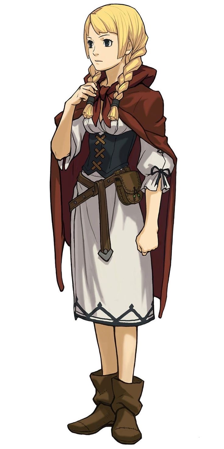 a blonde anime girl with a red cloak and a white dress stands with her left side to the viewer. she is looking off to the left side of the frame. she has her hair in two braids, and she is wearing a brown belt and boots. she also has a leather pouch on her side.