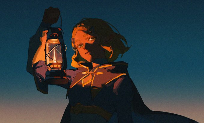 a young woman with blonde hair and wearing a dark blue hooded cloak stands against a twilight sky. she holds aloft a lantern, its warm glow illuminating her face and the bottom of her cloak.  the background is a deep blue, transitioning to a warm orange near the horizon, suggesting a recent sunset. the low angle and warm lighting create a sense of mystery and hope.