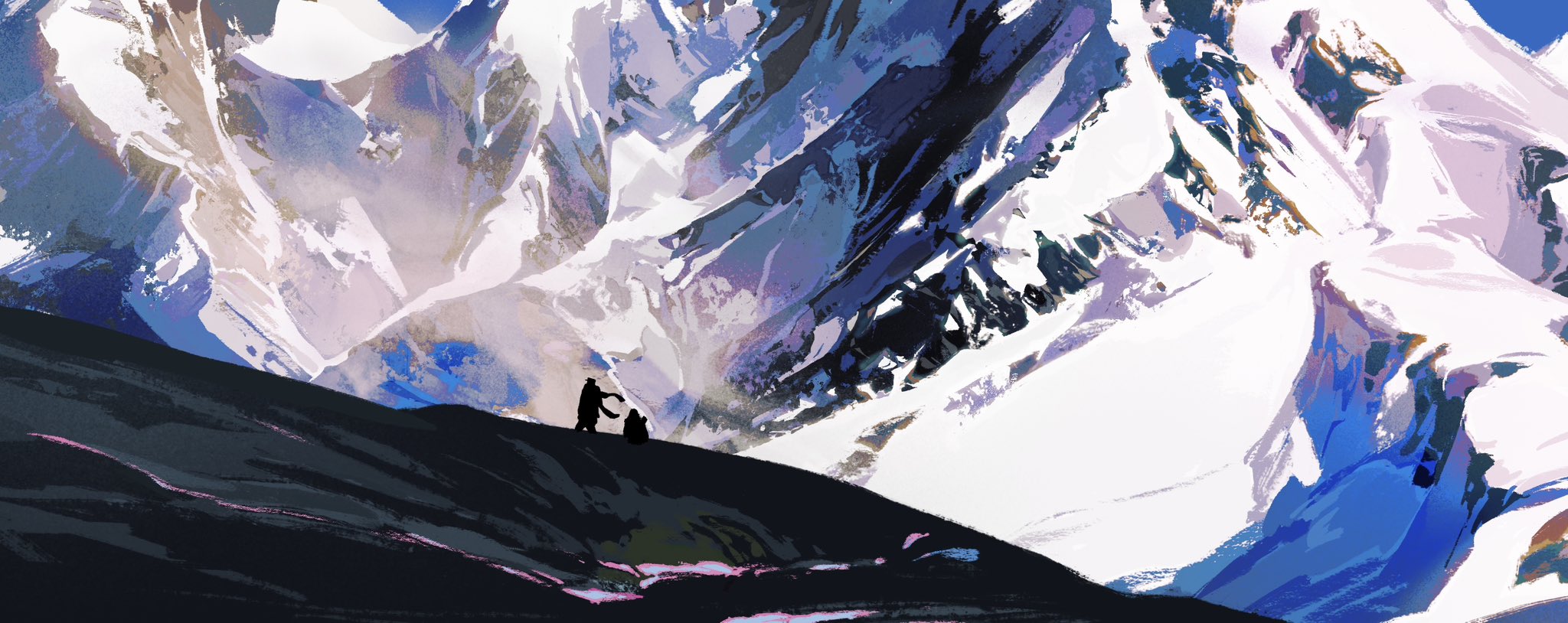 two small figures are silhouetted against a snowy mountainside.  the mountain dominates the background, with streaks of blue, purple and white suggesting the snow and shadows.  the people are on a dark hillside in shadow.