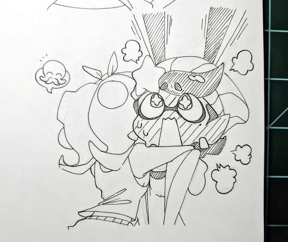 a black and white ink drawing of two cartoon characters. the characters are drawn in an anime style. the first character is a girl with large eyes and a surprised expression. she is wearing a hat and glasses. the second character is a girl with large eyes and a happy expression. she is holding a small, fluffy creature. the drawing is filled with lots of details, such as the characters' expressions, hair, and clothes. the drawing is done in a very expressive style, and the characters are both very cute and appealing.