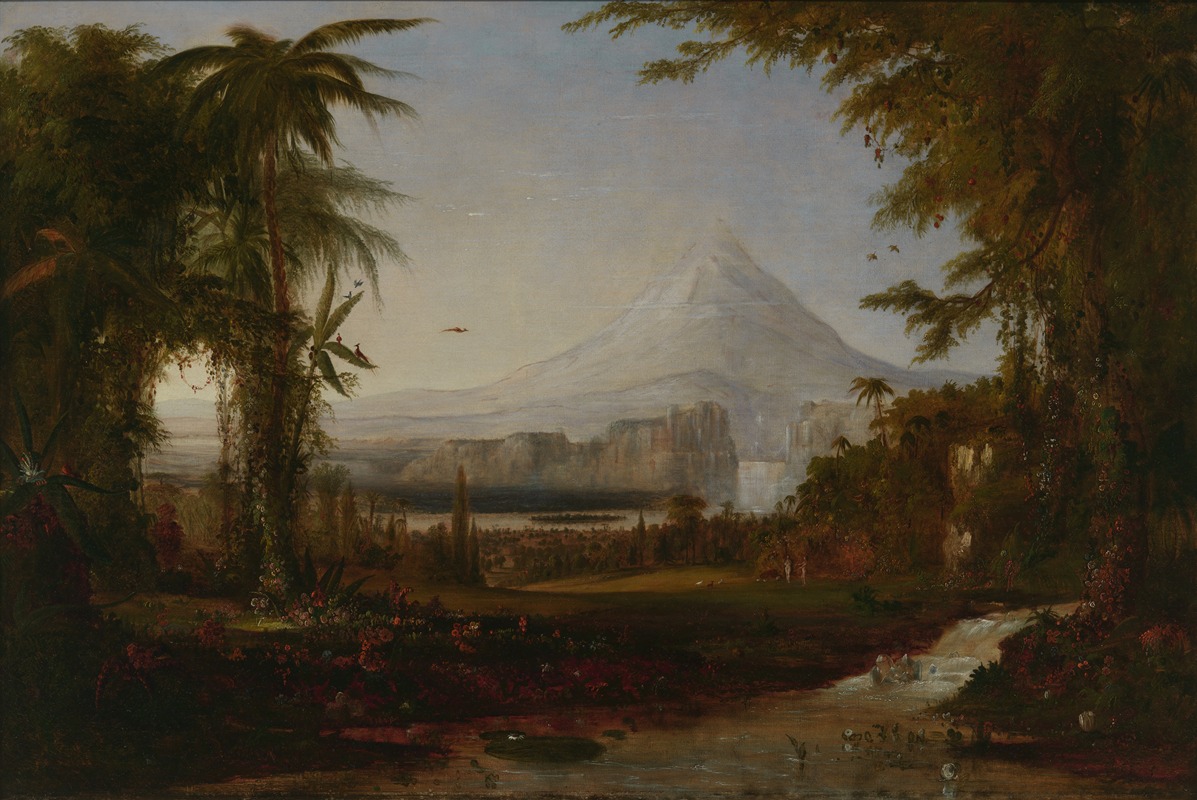 the image is a 19thcentury romanticismstyle painting depicting a tropical landscape. lush vegetation and palm trees frame a valley with a river running through it. a large, snowcapped mountain dominates the background. a waterfall cascades down from the cliffs on the right side of the composition. various birds are seen flying in the sky and perched on the trees, adding to the idyllic and peaceful scene.