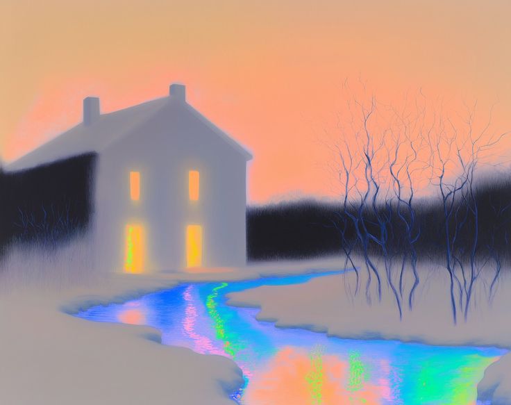 an illustration depicting a house next to a river in a winter landscape at sunset. the house has lit windows and the river has an iridescent reflection of the sunset colors. trees stand bare on the right side of the frame, and snow covers the ground.