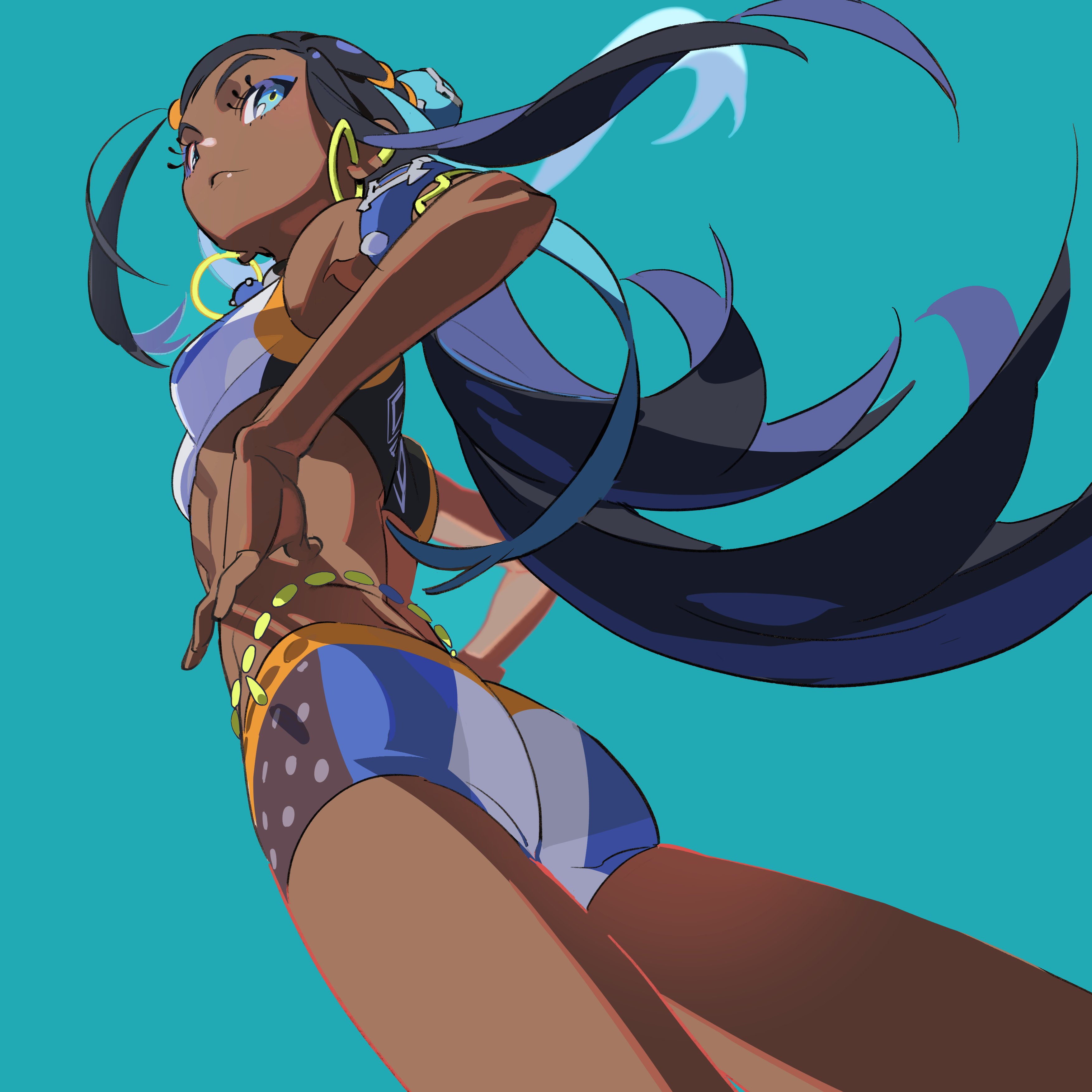 this is a digital illustration of a female anime character in a swimsuit, with long black hair and blue highlights, she has brown skin and a confident pose. her swimsuit is a mix of blue, white, and yellow, with polka dots and stripes. her hair is blowing in the wind. she appears to be looking confidently offscreen. this art style is common in anime and video games.