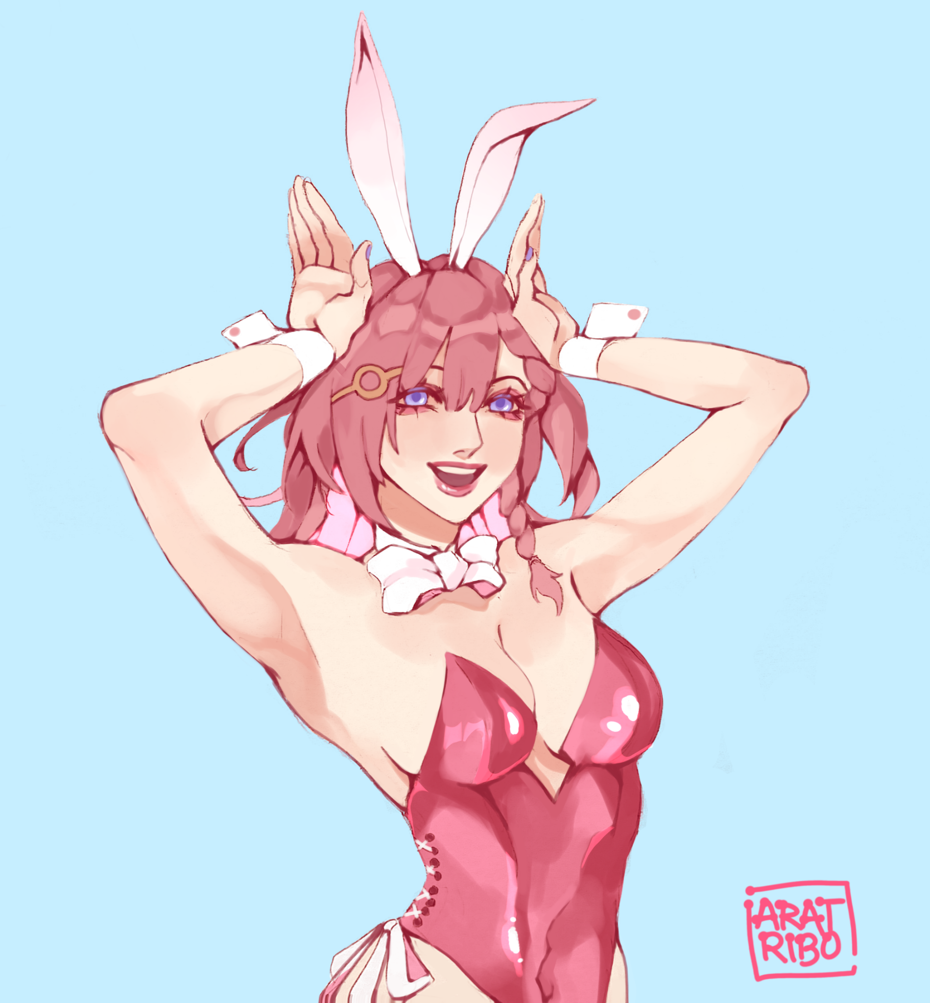 the image depicts a pinkhaired anime girl with bunny ears and a revealing pink bunny costume. she is smiling and posing playfully with her hands behind her
