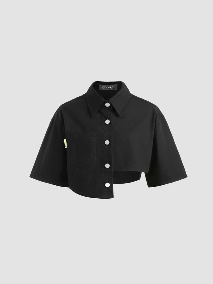 a black cropped shirt with a collar, pockets and buttons, is isolated on a white background. the shirt has 3/4 sleeves and is tailored to a formfitting silhouette.