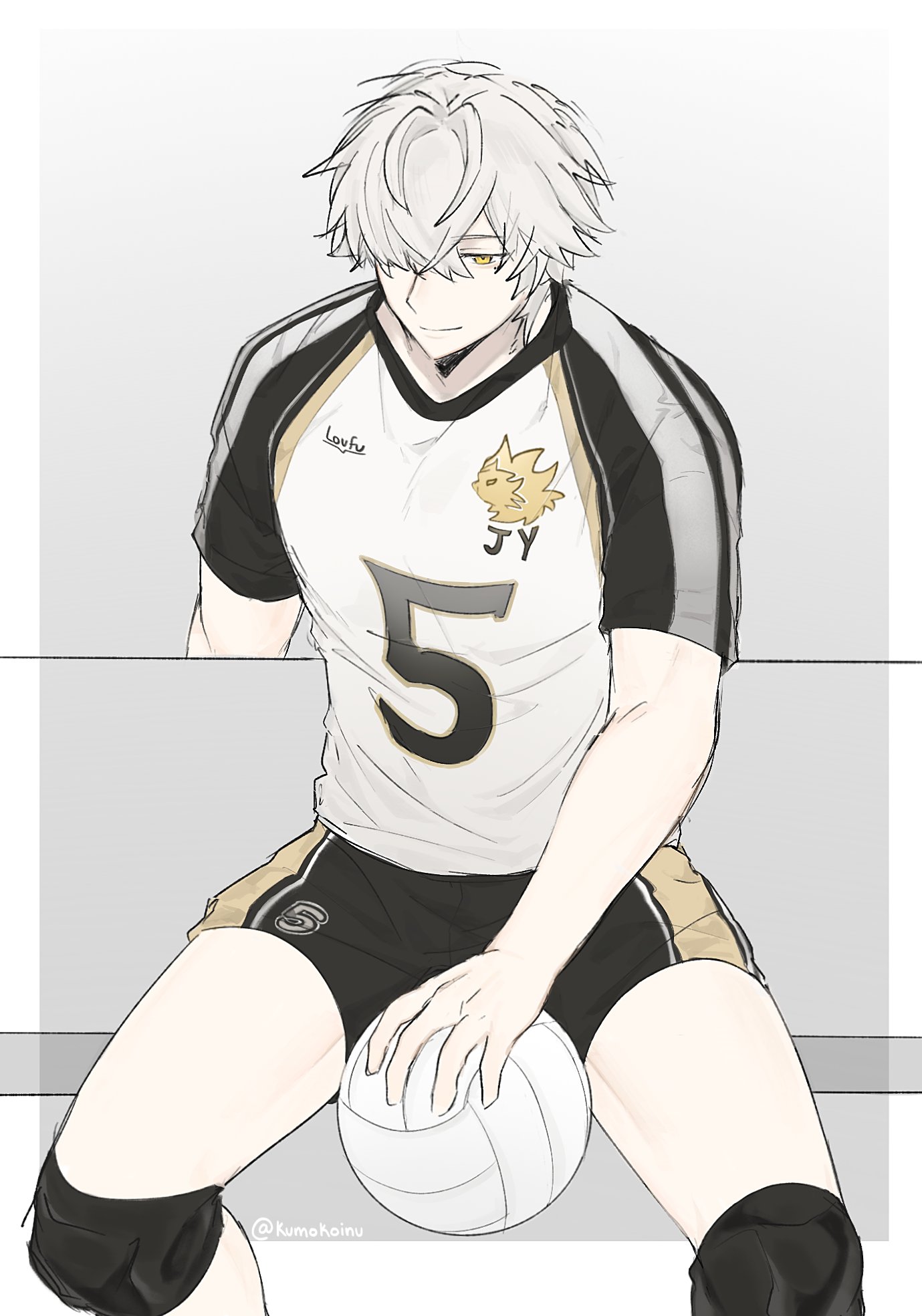 a drawing of an anime boy with white hair, sitting on a bench holding a volleyball. he is wearing a white jersey with a black and gold trim, with the number 5 on the front and a logo on the chest. he is also wearing black shorts with gold trim and black knee pads.