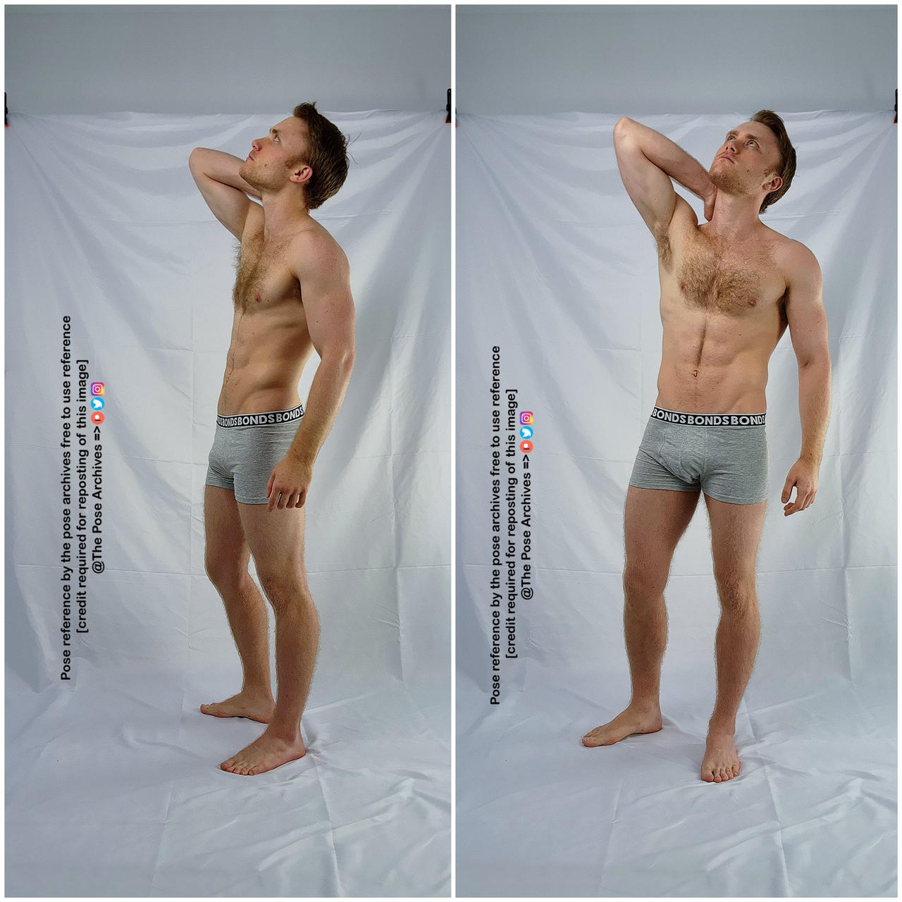 a male model is posing in front of a white background. he is wearing gray underwear and his body is slightly turned to the right. in the left image, his left arm is hanging down and his right arm is bent with his hand on his hip. in the right image, his left arm is bent behind his head and his right arm is hanging down. he is looking up and his facial expression is neutral.