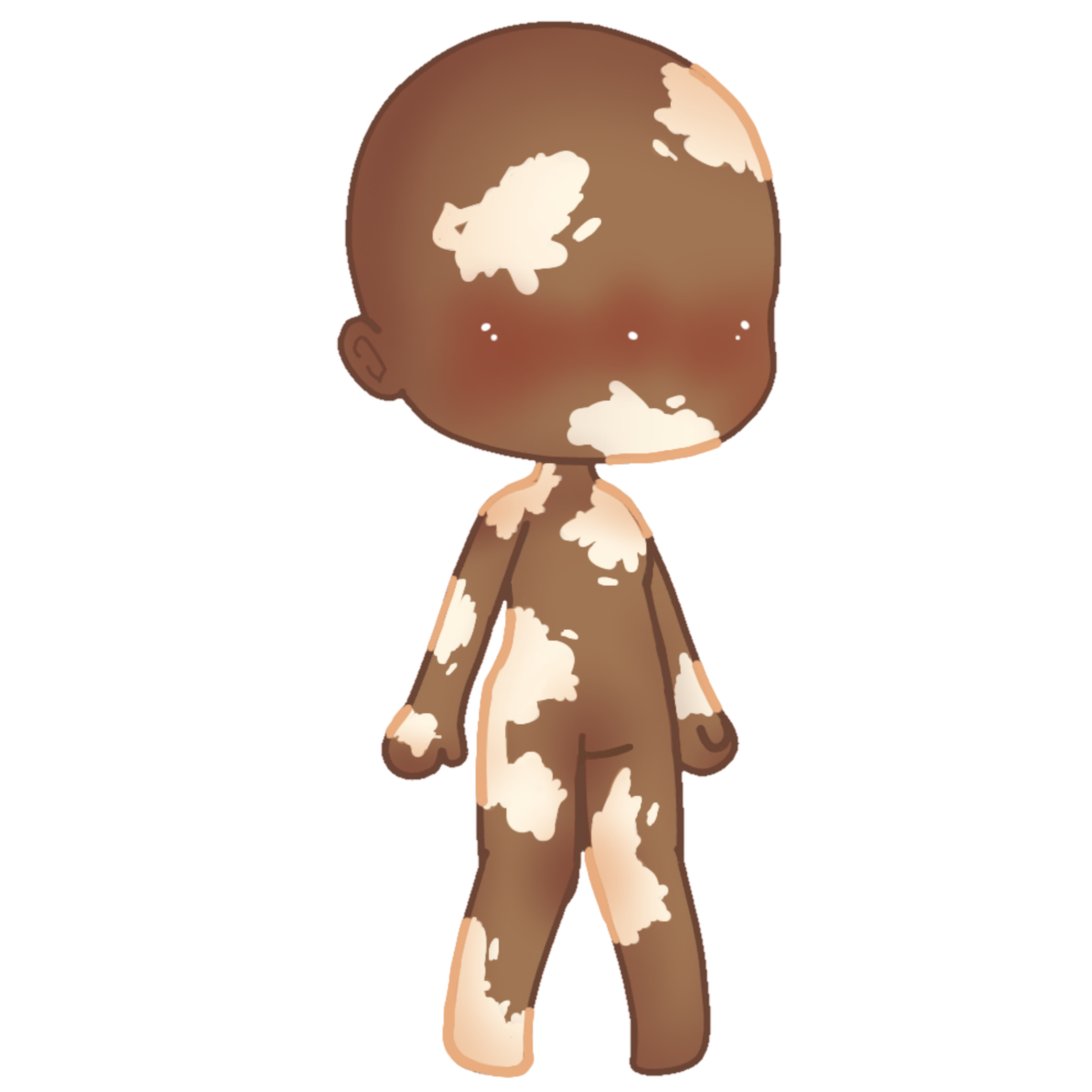 a cartoon character base with a brown skin tone and vitiligo. the figure is bald and has a simple, stylized design. the pose is neutral, with the figure standing upright and facing forward. this base appears intended for customization and further editing, likely within the context of avatar creation or similar applications.