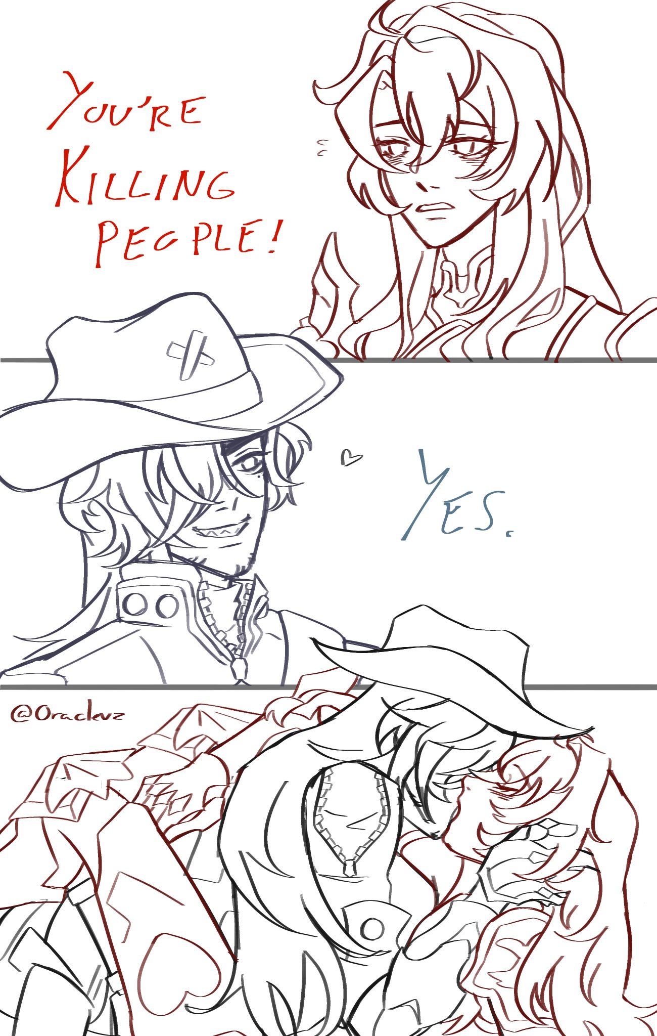 the image contains a threepanel line art drawing depicting a romantic scene between two animestyle characters. the first panel shows a woman with long hair expressing concern, stating "you're killing people!". the second panel shows a man with a cowboy hat appearing pleased and smiling. the third panel shows the two characters embracing and kissing. the overall style is a rough sketch with visible line work.