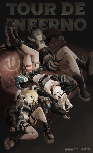 a digital painting titled “tour de inferno” depicts three animestyle female characters lounging on a dilapidated couch. the first character is a pale skinned girl with short gray hair in a black top, striped pants and boots; she is lying across the couch with her legs crossed, looking over her shoulder. the second is lying on the couch with her head and shoulders toward the viewer, her body angled toward the left, wearing a dark top, and black and gray pants. she has blond hair. the third character has blond hair and is sitting up on the couch, legs crossed, wearing a black and brown top, and boots. the background is dark, the couch appears distressed. the words “tour de inferno” are painted large in a vintagelooking font at the top.