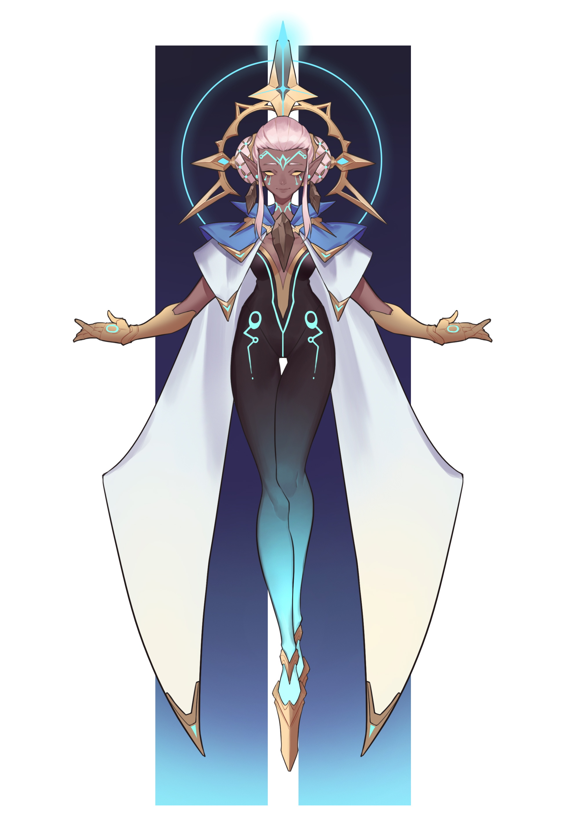 the image showcases a digital illustration of a female character, possibly belonging to a science fiction or fantasy setting. she stands against a dark background with a bright blue rectangular beam behind her, arms outstretched in a gesture of openness or power. her attire, a blend of futuristic and ethereal elements, includes a formfitting dark suit with glowing accents, a flowing white cape, and an elaborate headpiece reminiscent of a celestial crown. her dark skin contrasts beautifully with her white hair and the cool tones of her attire, further emphasizing the ethereal quality of the piece. the overall composition and color palette evoke a sense of serenity and power.