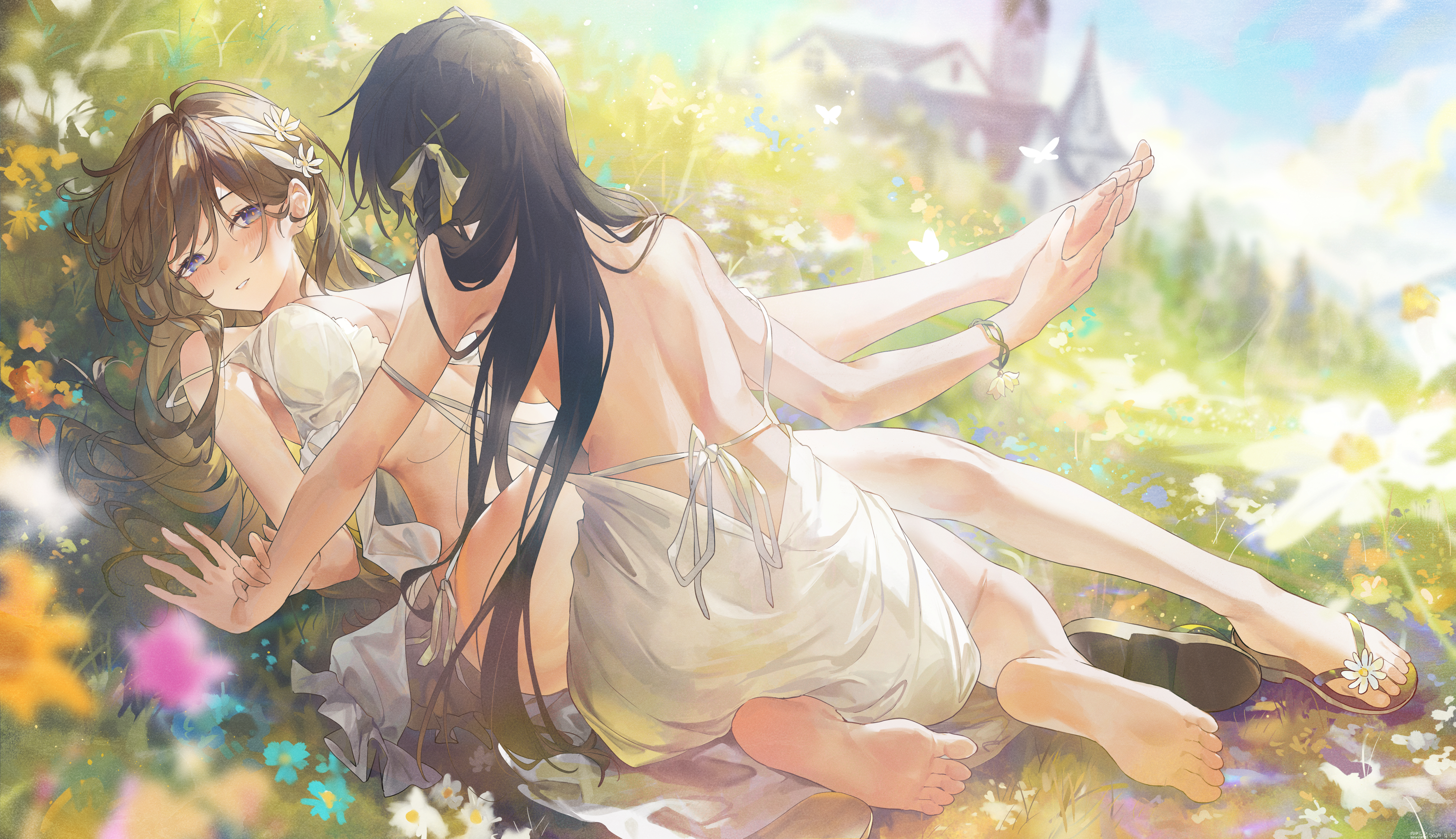 he image depicts two animestyle girls lying in a field of flowers. they are close to each other, appearing affectionate and intimate.  one girl has long brown hair and is wearing a white dress. the other girl has long black hair and is wearing a white top. the scene is bright, sunny, and idyllic, evoking a sense of peace and happiness. the artwork is in a soft, pastel style, typical of anime and manga art.  the level of detail is high, and the style is aesthetically pleasing.