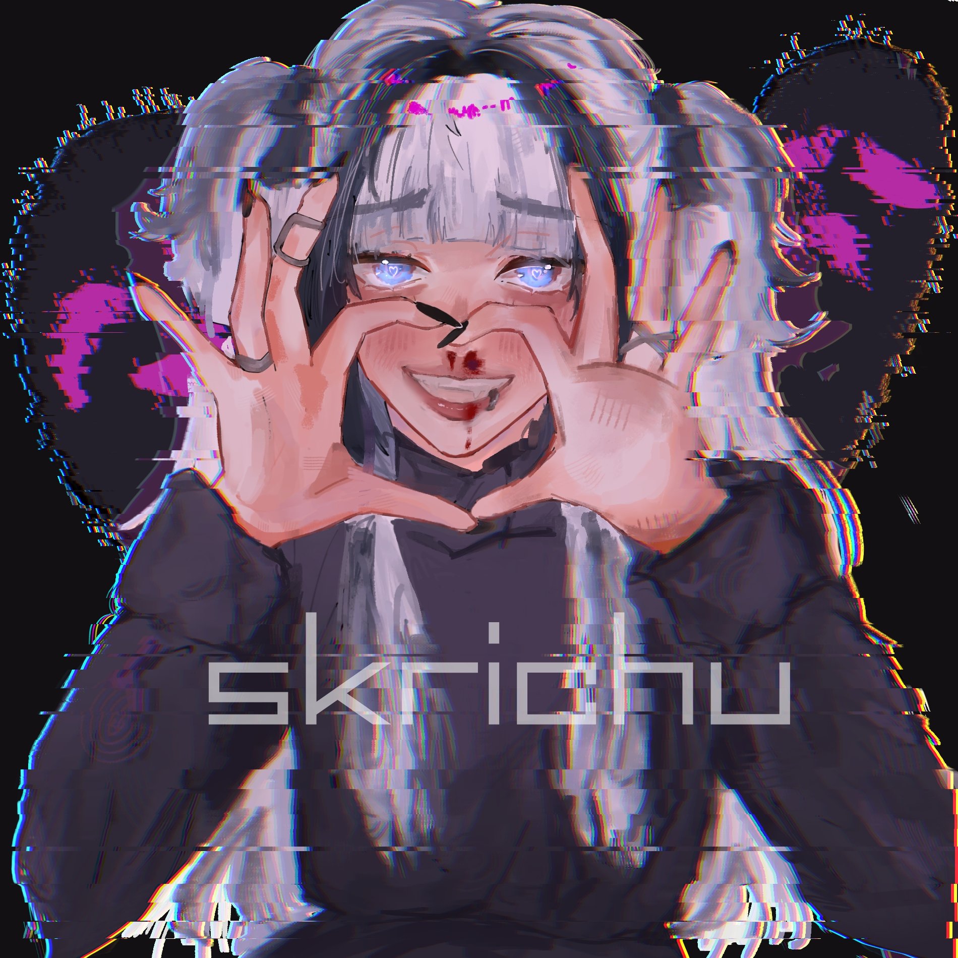 this is an anime style digital painting of a young girl with long white hair,  dressed in black with pink and purple accents.  her hands are in front of her face making a heart shape.  she has a small scar on her face and is covered in blood.  the background is black with digital glitches and the signature "skriohu" is visible in the middle of the image.