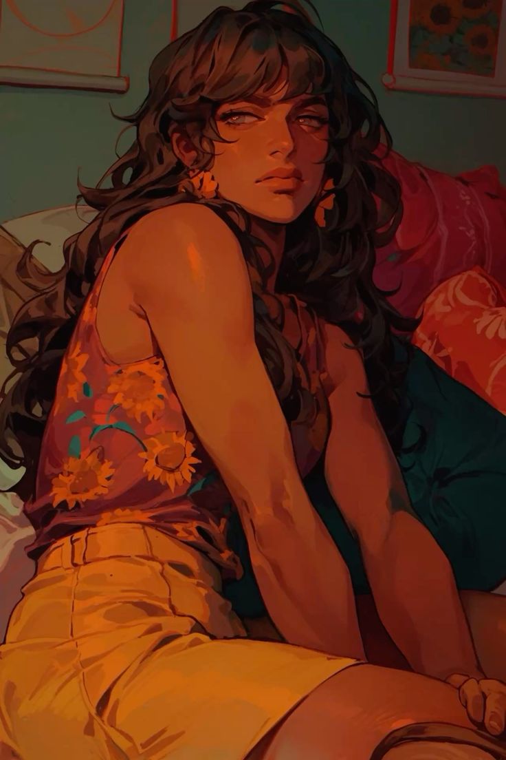 the image is a digital painting or illustration of a woman with long, dark curly hair. she's tanskinned and has expressive eyes. she's wearing a sleeveless sunflowerpatterned top and yellow shorts. the overall color palette is warm and rich, dominated by oranges, yellows, and golds, giving a sunsetlike feeling. she's sitting relaxed on what looks like a bed with pillows, in a warmly lit interior space. the style is artistic and stylized, with a focus on rendering skin tones and textures. her gaze is directed slightly away from the viewer, creating a sense of mystery and intrigue.  the overall mood is calm, sensual, and confident.
