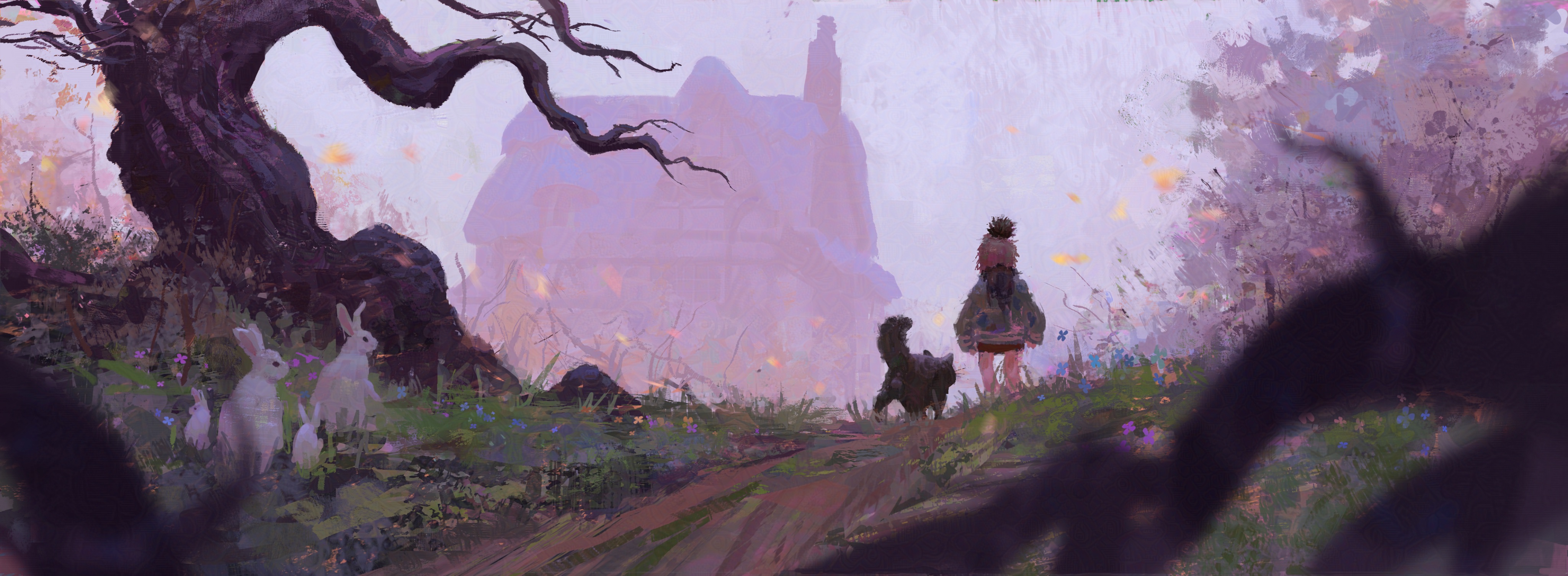 a young girl, accompanied by a black dog and several white rabbits, walks towards a mysterious, softly lit house in the distance. they are on a path through a forest with a large, gnarled tree in the foreground and tall grass and flowers surrounding them. the overall atmosphere is mystical and magical.