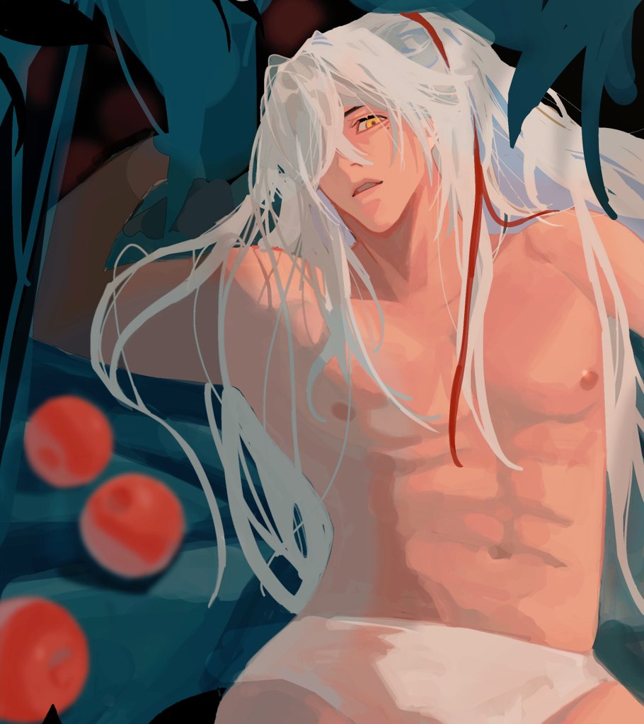 a drawing of an anime man with long white hair with a red string tied around it. he is shirtless, showing his toned muscles and a white underwear. there are red round objects in the background.