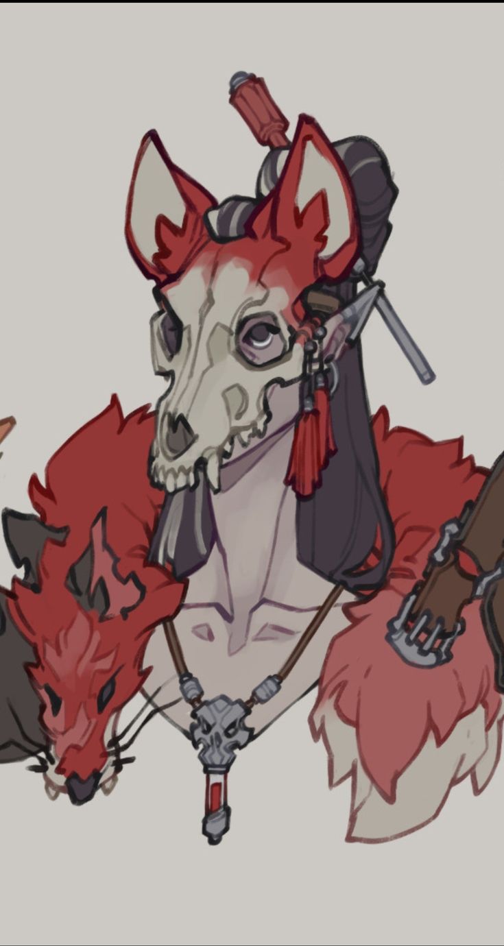 the image is a digital drawing of a fantasy character. the character has long dark hair, elven ears, and is wearing a red foxlike skull mask.  they are also adorned in a red fur collar or stole, a necklace with a skull pendant, and appear to be carrying or wearing some kind of steampunk or dark fantasy weaponry. the style is reminiscent of anime or manga, with a focus on character design and detail in the clothing and accessories. the overall aesthetic leans towards dark fantasy and gothic elements, with the color palette emphasizing reds and grays. the background is simple and uncluttered, allowing the character to be the clear focus.