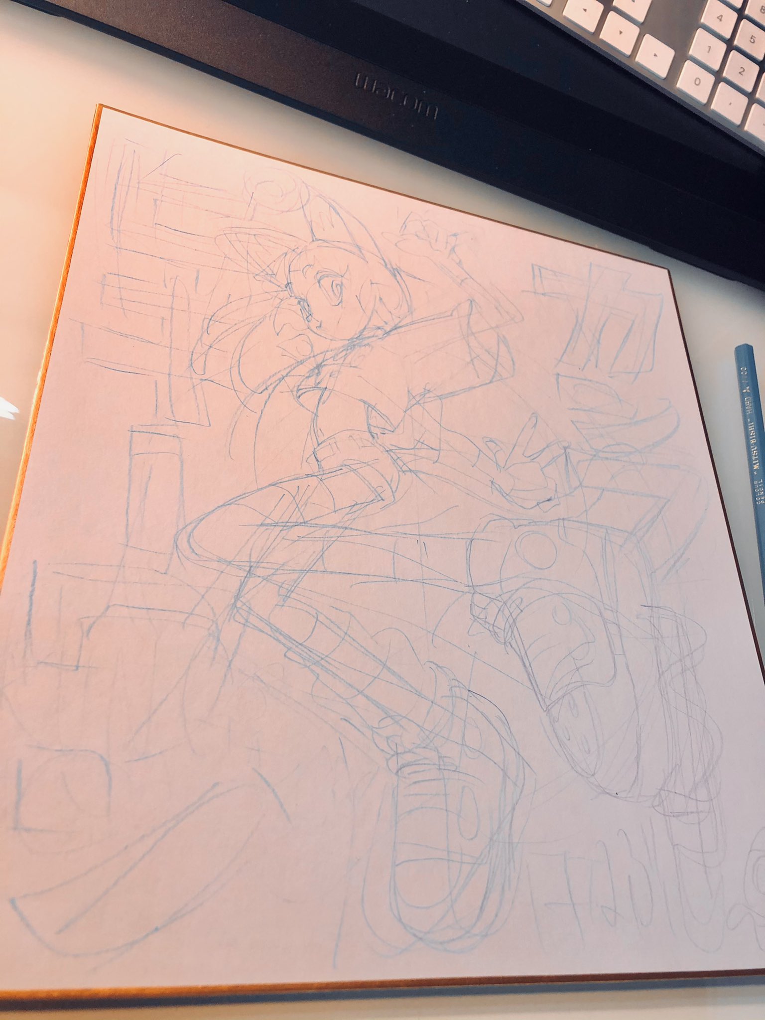 a photograph capturing a workinprogress sketch of an animestyle girl, seemingly in midaction pose, displayed on a digital drawing tablet placed within a brightly lit studio environment. the sketch, primarily in light blue lines on a white canvas, reveals the artist's initial construction lines and dynamic composition.