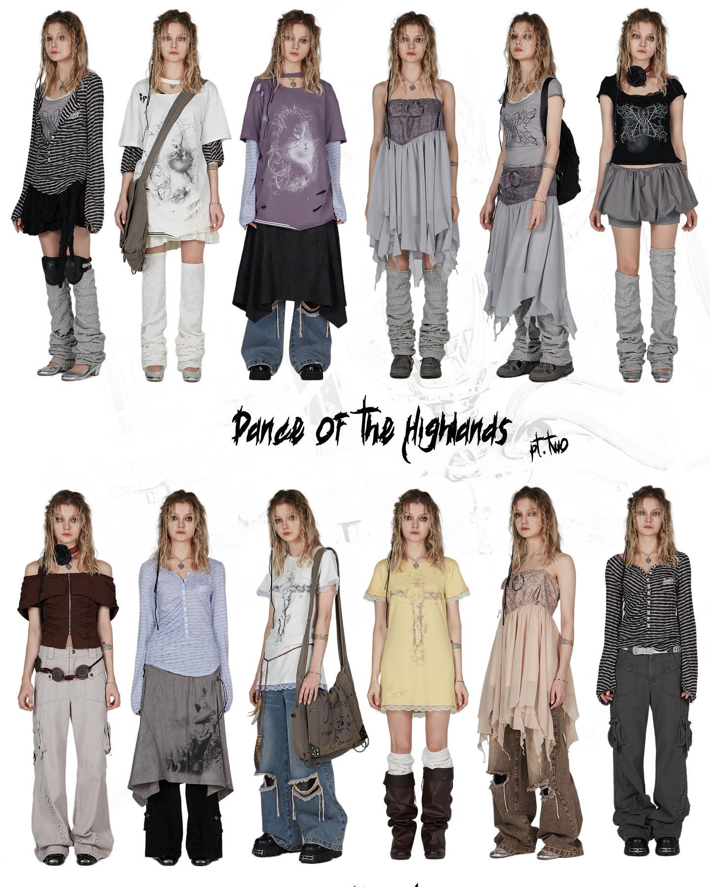 the image is a fashion catalogue or photoshoot showcasing a collection of outfits titled "dance of the highlands pt. two".  it features twelve different models, each wearing a unique but cohesive ensemble.  the style is a blend of grunge, alternative, and boho elements, incorporating layered clothing,  leg warmers, boots, skirts, dresses, various pants, tops, and accessories.  the overall color palette is muted, featuring shades of grey, beige, and brown with some darker accents.  the models are posed individually against a white background, allowing the focus to remain on the clothing details. each outfit is carefully styled, demonstrating a distinct but still consistent overall aesthetic. the clothing items include graphic tees, distressed jeans, layered skirts and dresses with asymmetrical cuts, and oversized elements.